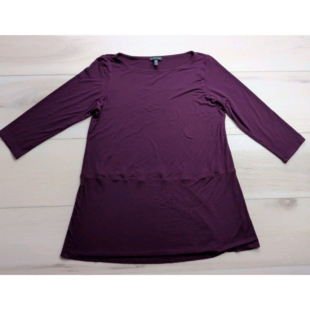 Eileen Fisher Fine Jersey Boat Neck Top Womens M 3/4 Sleeve High Low‎ Blackberry
